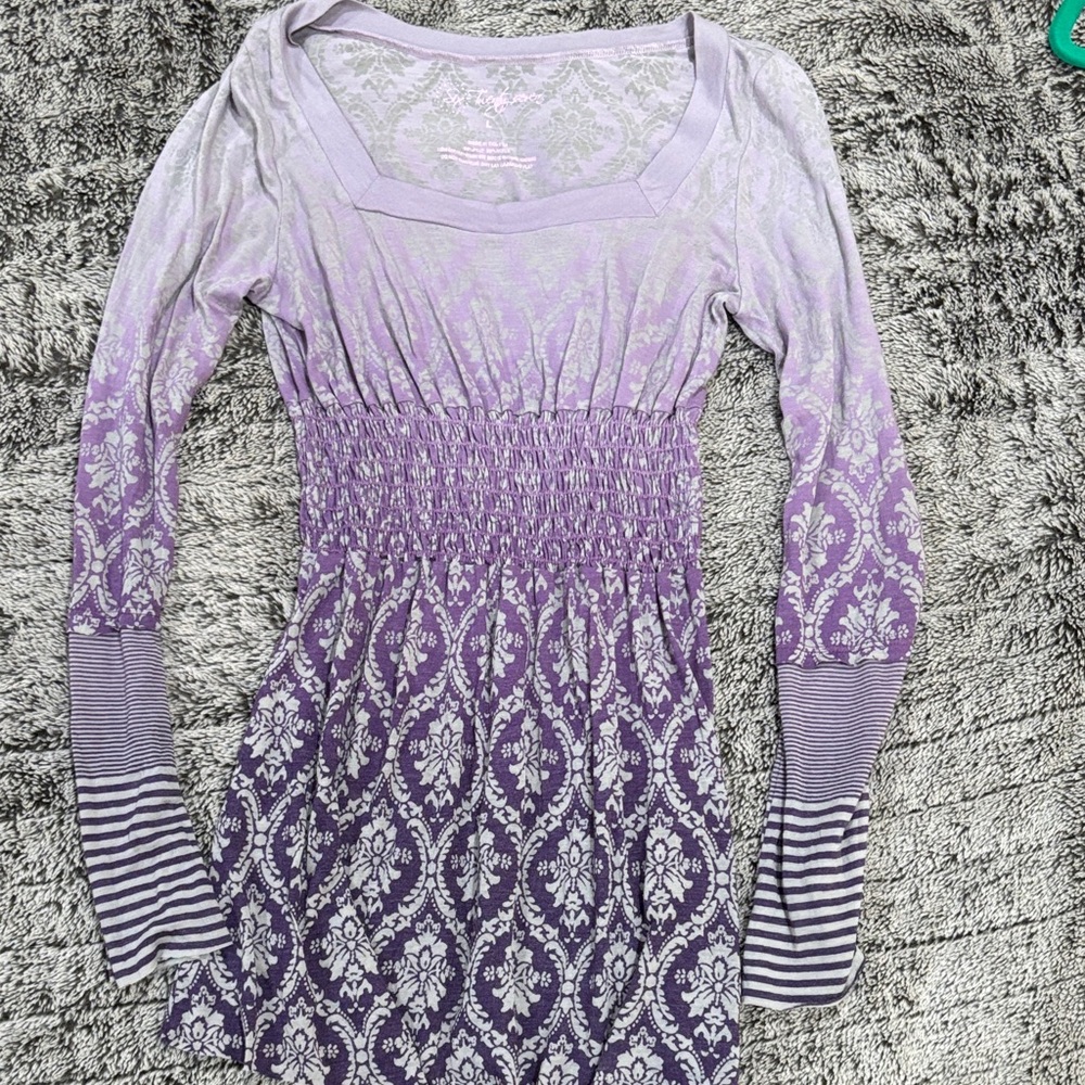 Purple Long Sleeve Patterned Dress